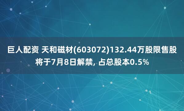 巨人配资 天和磁材(603072)132.44万股限售股将于7月8日解禁, 占总股本0.5%